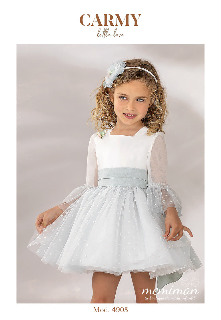 4903P Vestido de cerimónia em tule com folhos flocado