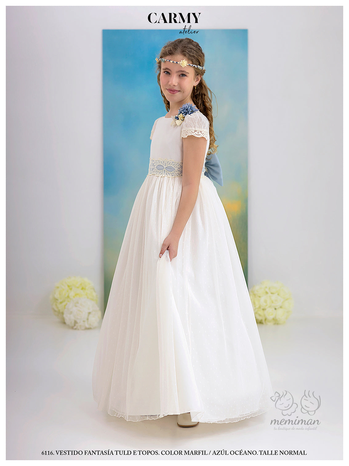 6116 Abito da comunione in tulle a pois