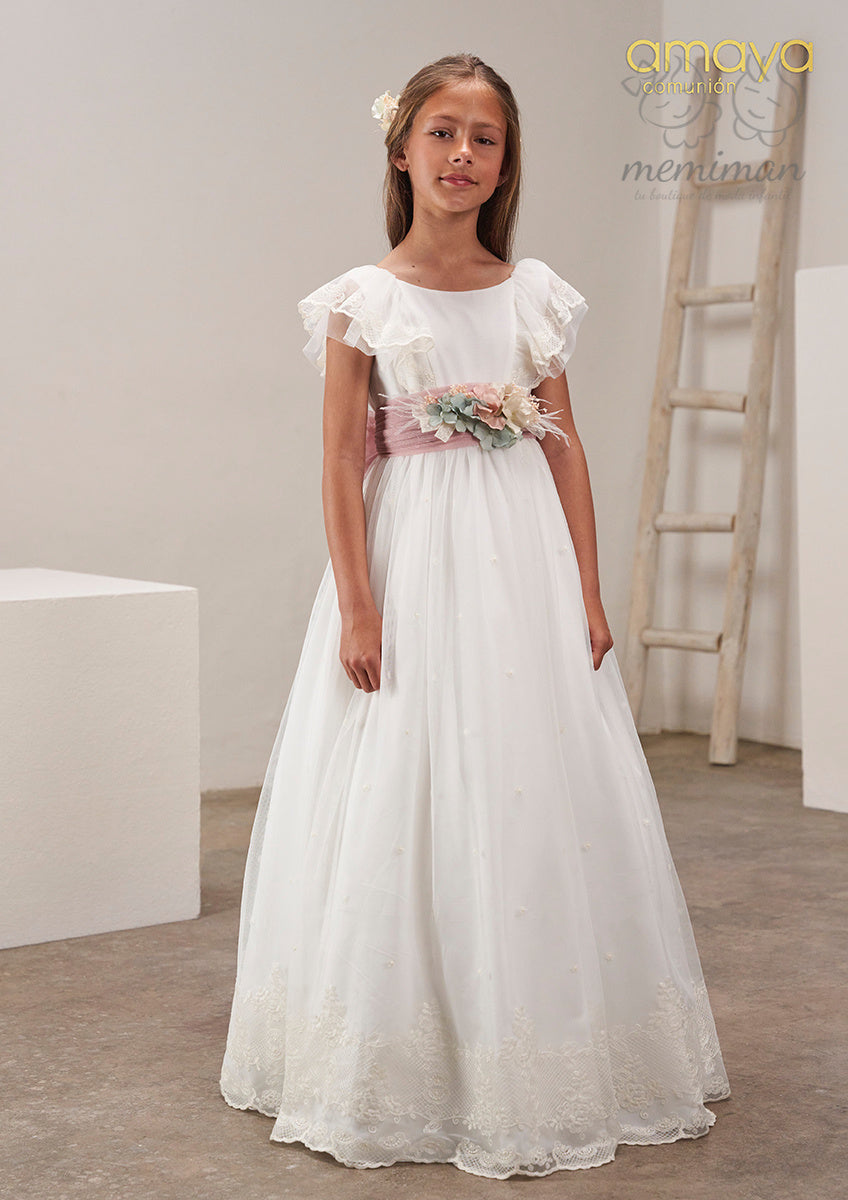 637013MC Abito da Comunione in tulle ricamato