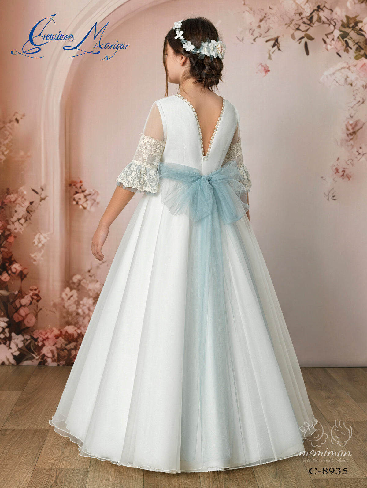 C8935 Abito da Comunione in garza e tulle ricamato