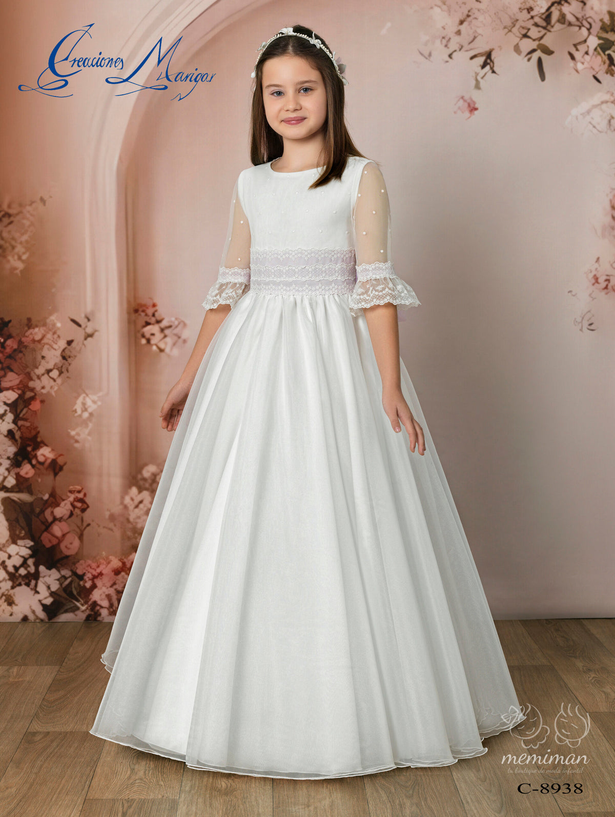 C8938 Abito Comunione chiffon pois mantella