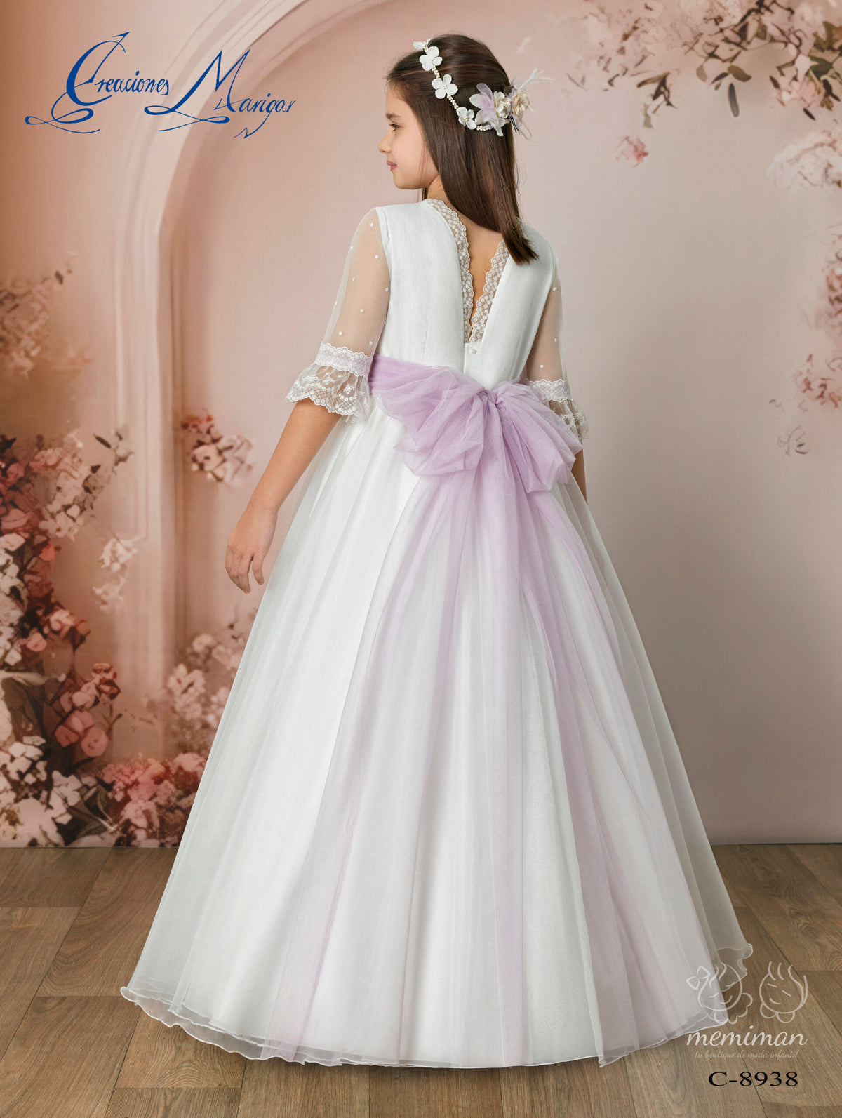 C8938 Abito Comunione chiffon pois mantella