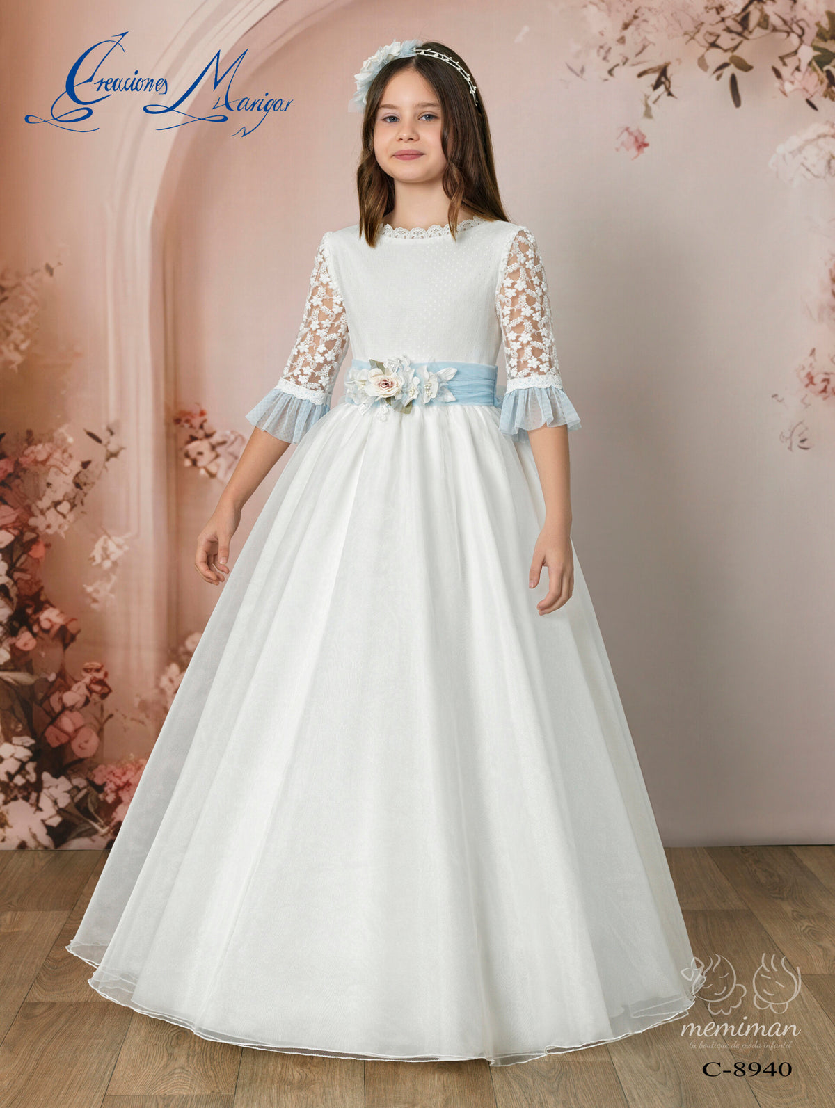 C8940 Abito Comunione in Garza e Tulle Ricamato