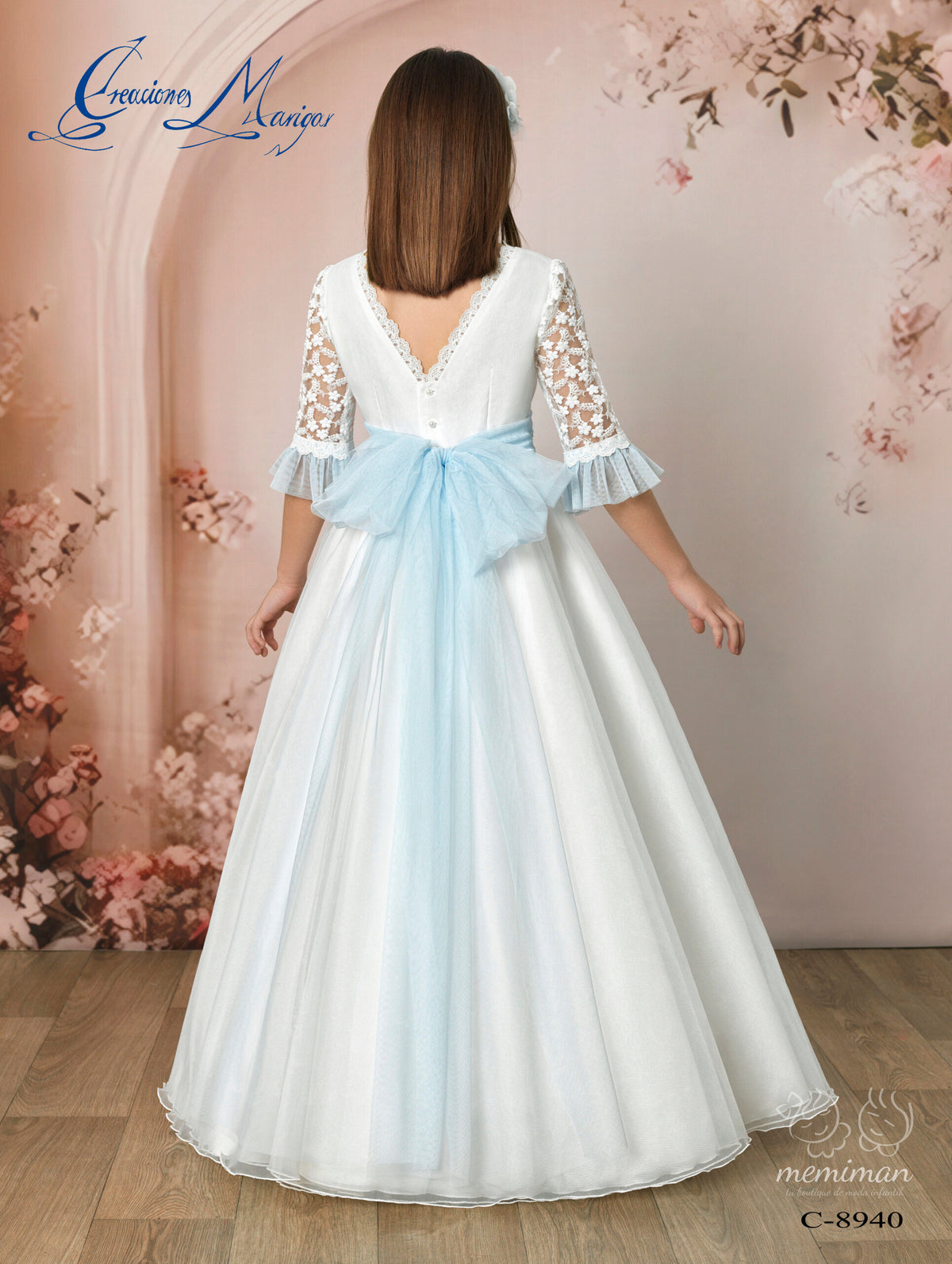C8940 Abito Comunione in Garza e Tulle Ricamato