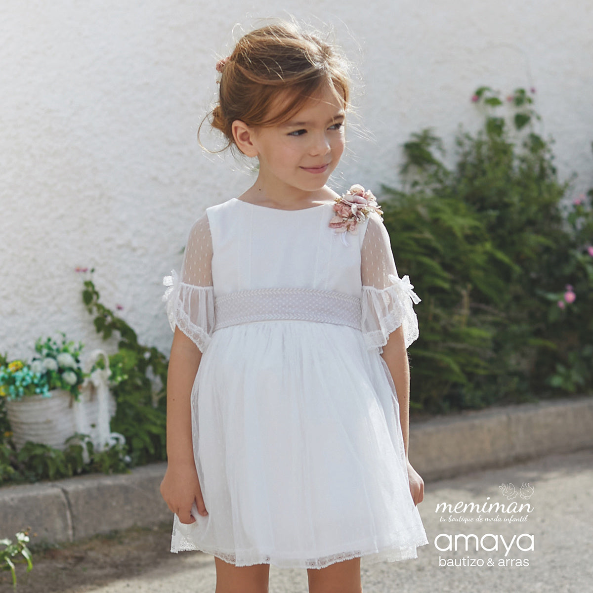 593415SM Vestido infantil tul plumeti-lino