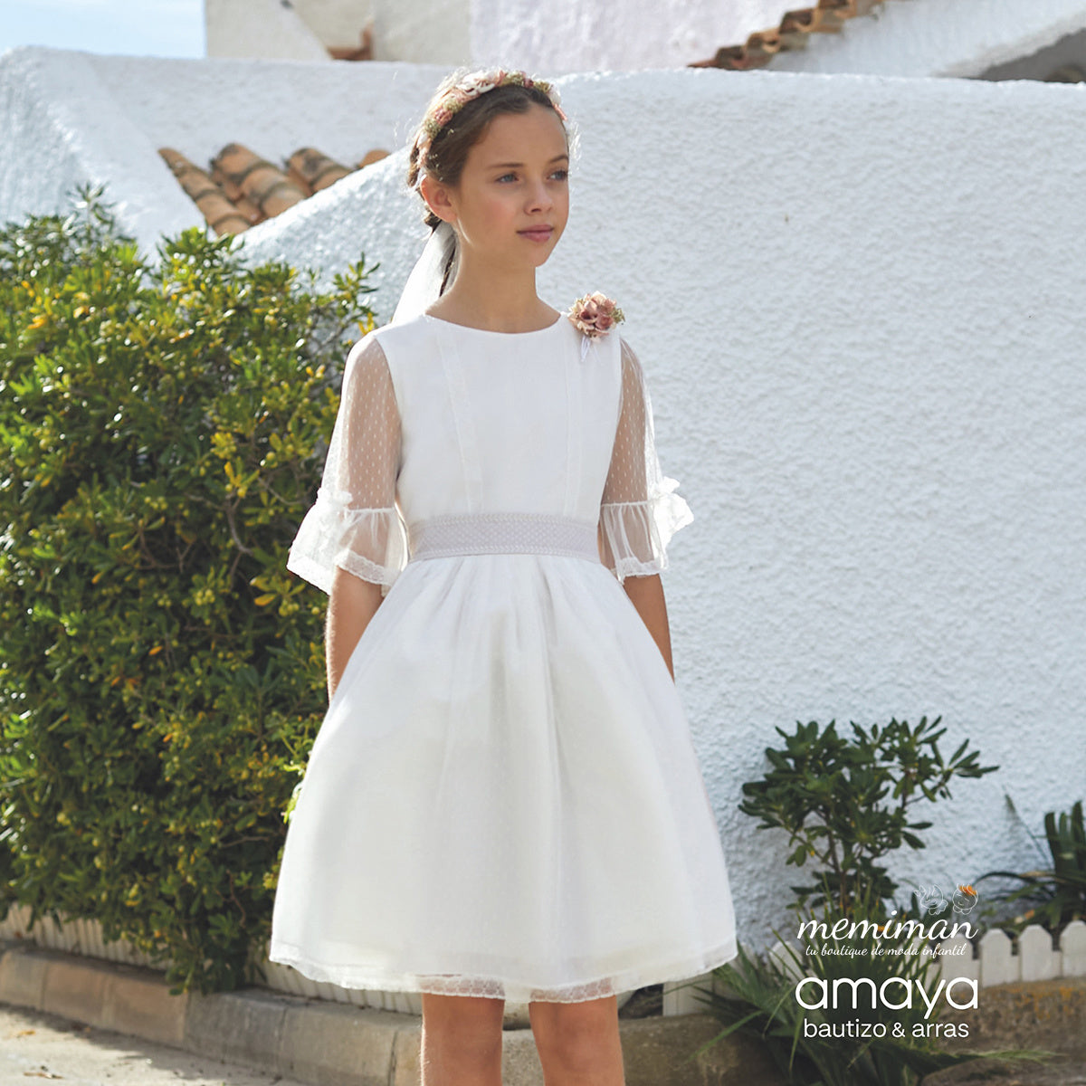 593415SM Vestido de criança tule plumeti-linho