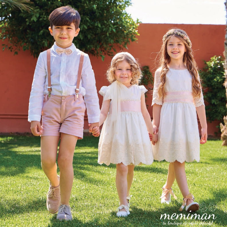 M732 CLAUDIO Completo da bambino in lino con papillon e bretelle.