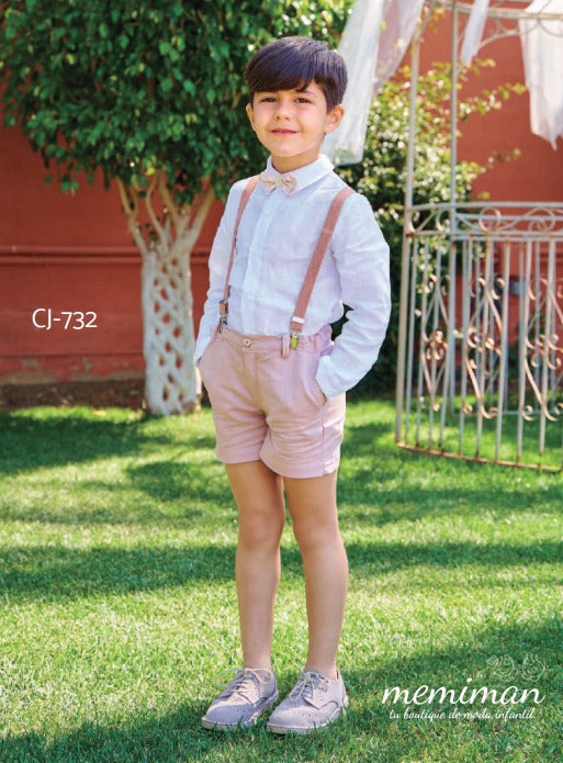 M732 CLAUDIO Completo da bambino in lino con papillon e bretelle.