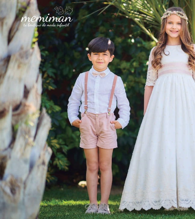 M732 CLAUDIO Completo da bambino in lino con papillon e bretelle.