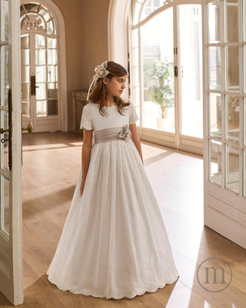R916 Vestido Comunión Romántico Lino Bordado (SOLO ONLINE)