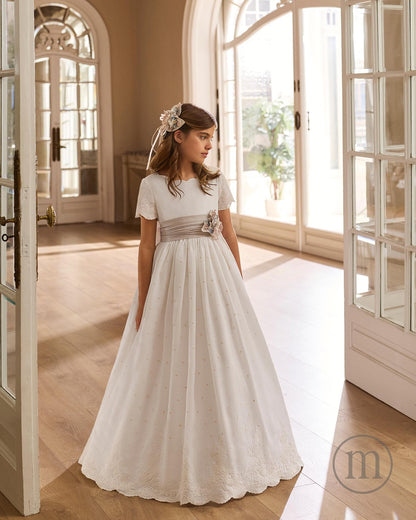 R916 Vestido Comunión Romántico Lino Bordado (SOLO ONLINE)