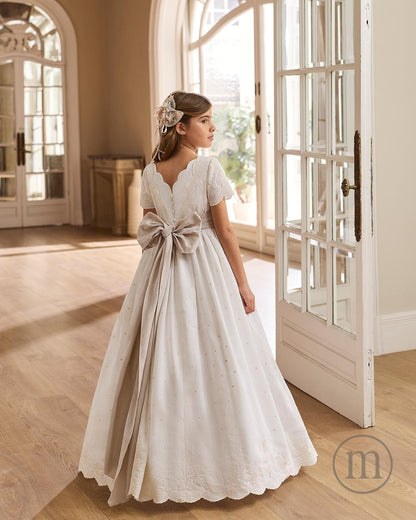 R916 Vestido Comunión Romántico Lino Bordado (SOLO ONLINE)