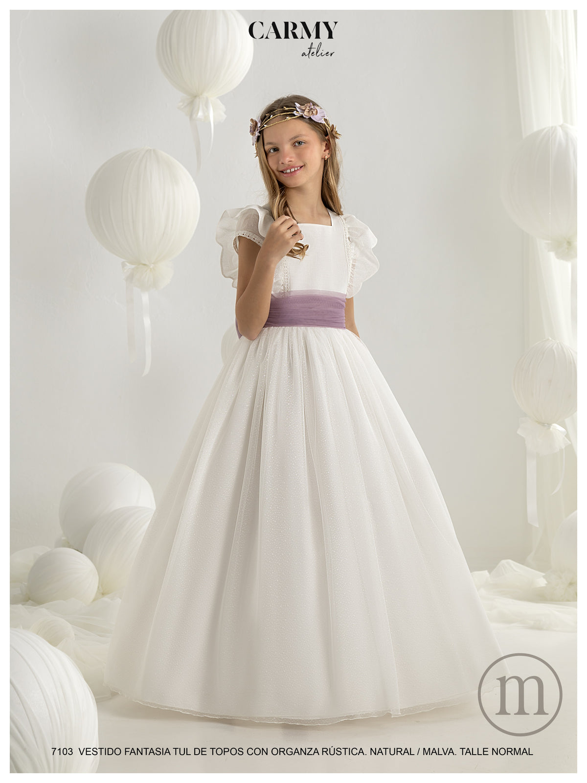 7103 Vestido Comunión Fantasía Tul Topos