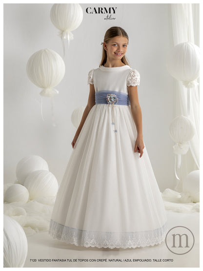 7120 Vestido Comunión Fantasía Crepe/Tul Topos