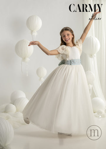 7123 Vestido Comunión Romántico Tul Topos/Seda