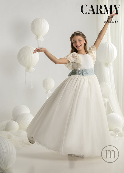 7123 Vestido Comunión Romántico Tul Topos/Seda