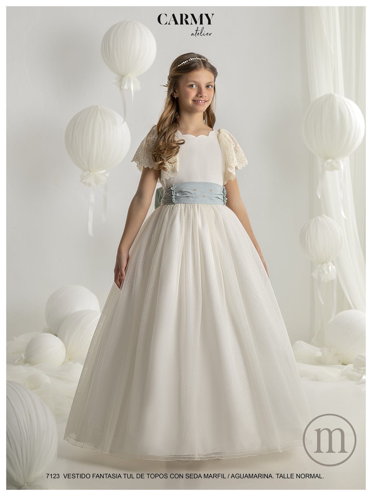 7123 Vestido Comunión Romántico Tul Topos/Seda