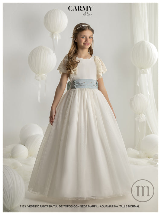 7123 Romantic Communion Dress Tulle Polka Dot/Silk
