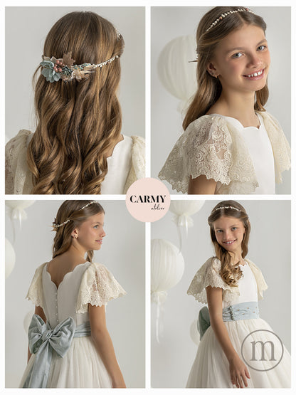 7123 Vestido Comunión Romántico Tul Topos/Seda