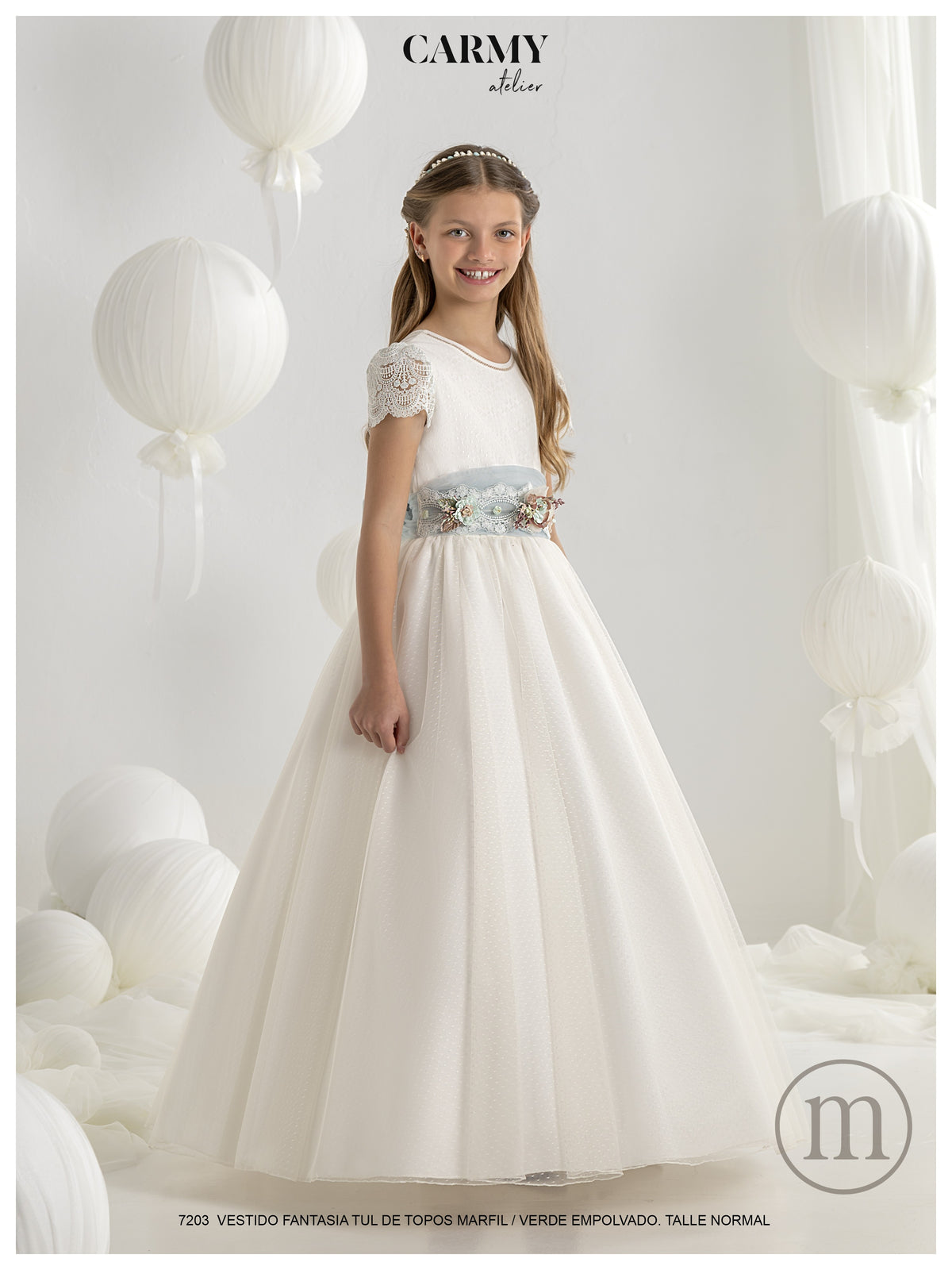 7203 Vestido Comunión Clásico Tul Topos