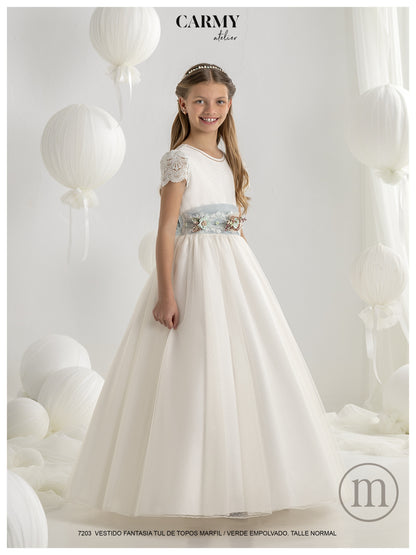 7203 Vestido Comunión Clásico Tul Topos