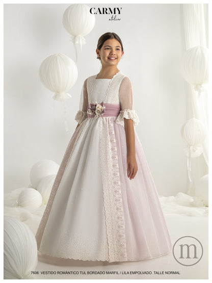 7606 Vestido Comunión Romántico Tul Bordado