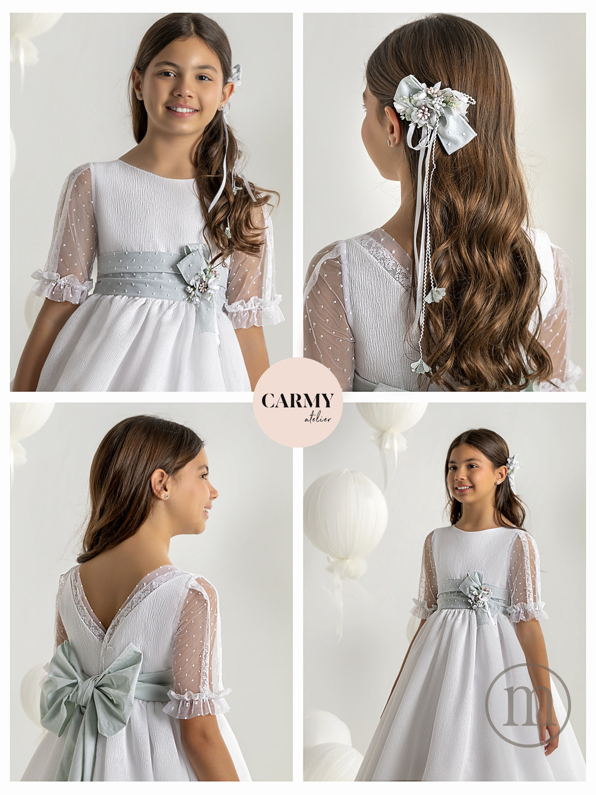7716 Vestido Comunión Romántico Organza Rayada