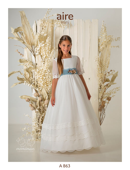 Robe de communion A863 en tulle à pois 