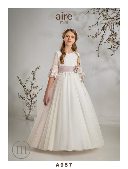 957 Vestido Comunión Romántico Tul Topos/ Bordado