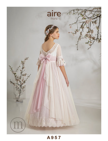957 Vestido Comunión Romántico Tul Topos/ Bordado