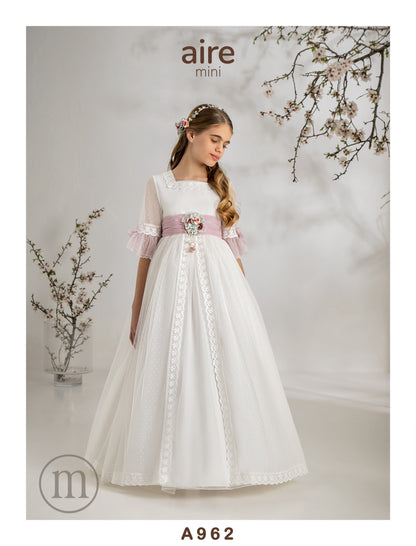 962 Vestido Comunión Romántico Tul Topos/Lino