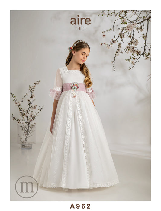 A962 Romantic Communion Dress Tulle Polka Dots/Linen