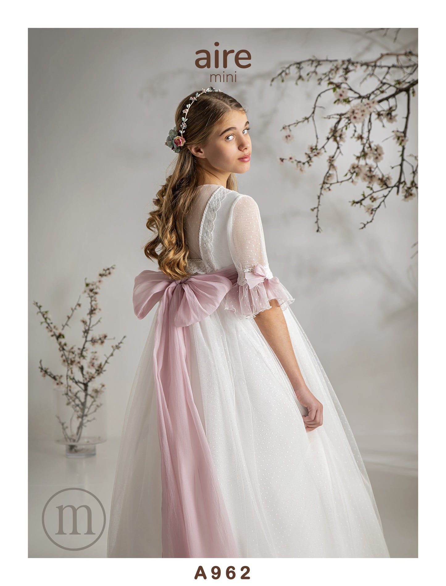 962 Vestido Comunión Romántico Tul Topos/Lino