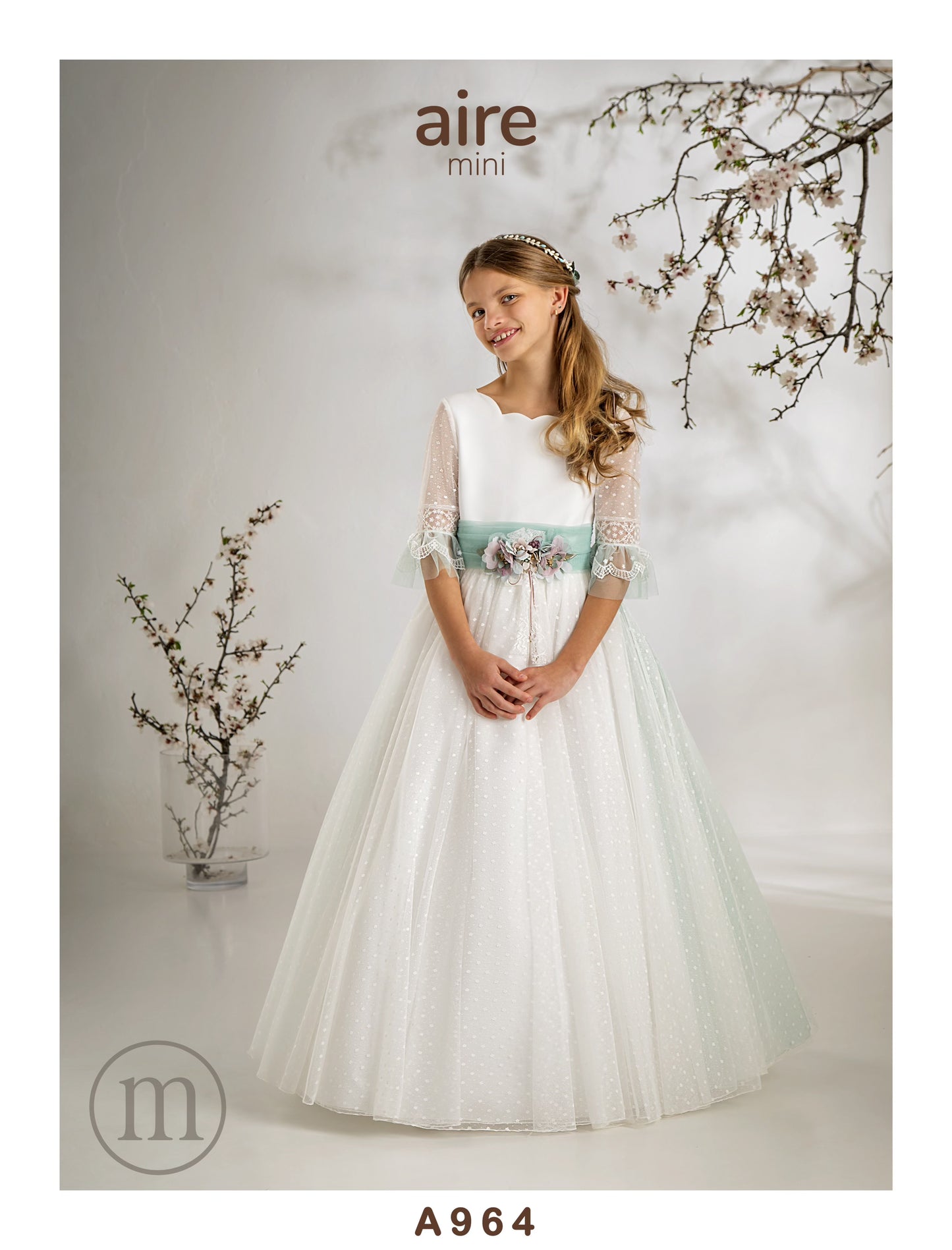 964 Vestido Comunión Romántico Tul Topos/Crepe