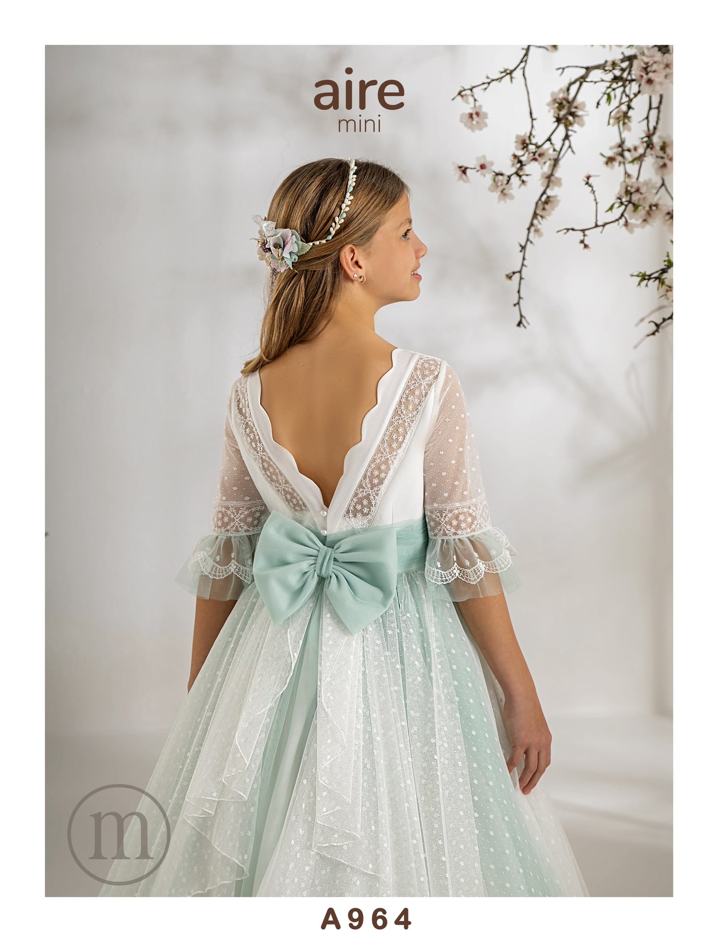 964 Vestido Comunión Romántico Tul Topos/Crepe