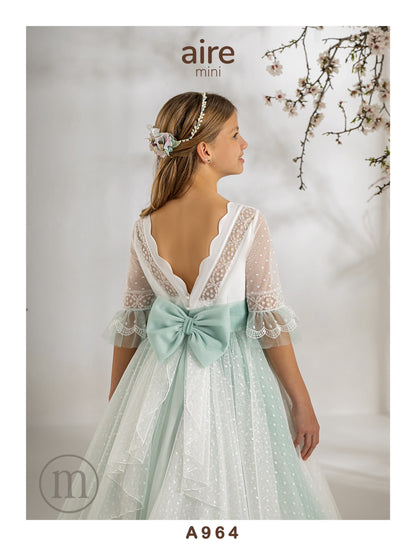 964 Vestido Comunión Romántico Tul Topos/Crepe