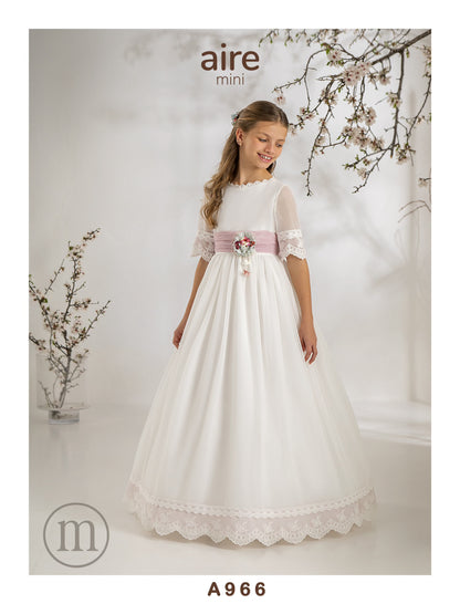 A966 Vestido Comunión Romántico Tul Topos/Organza