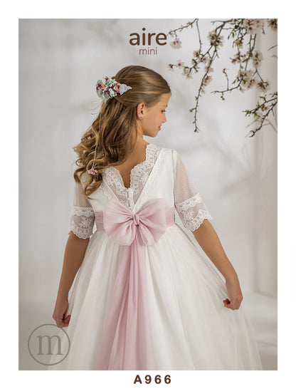 A966 Vestido Comunión Romántico Tul Topos/Organza