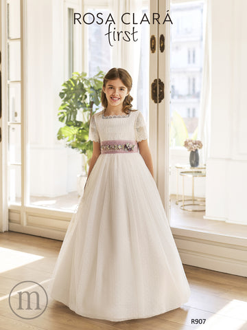 R907 Vestido Comunión Romántico Tul Bodoques