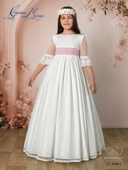 C8901 Vestido Comunión Tul Topos
