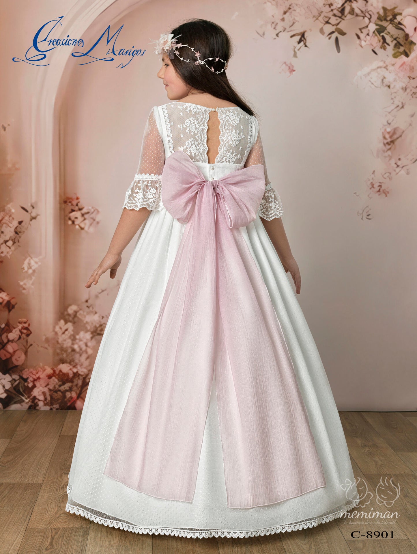 C8901 Vestido Comunión Tul Topos