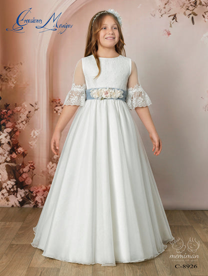 C8926 Communion Dress with Teardrop Back 